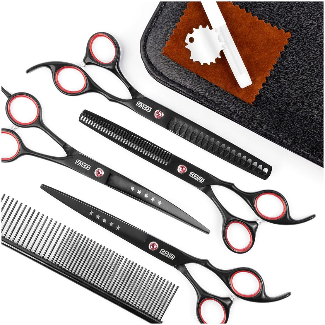Zestaw profesjonalnych NOŻYCZEK do strzyżenia psów ZESTAW DO PIELĘGNACJI Psów Nożyczki 4 szt. Czarne RAGI