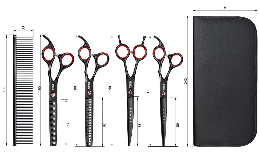 Zestaw profesjonalnych NOŻYCZEK do strzyżenia psów ZESTAW DO PIELĘGNACJI Psów Nożyczki 4 szt. Czarne RAGI - obrazek 3