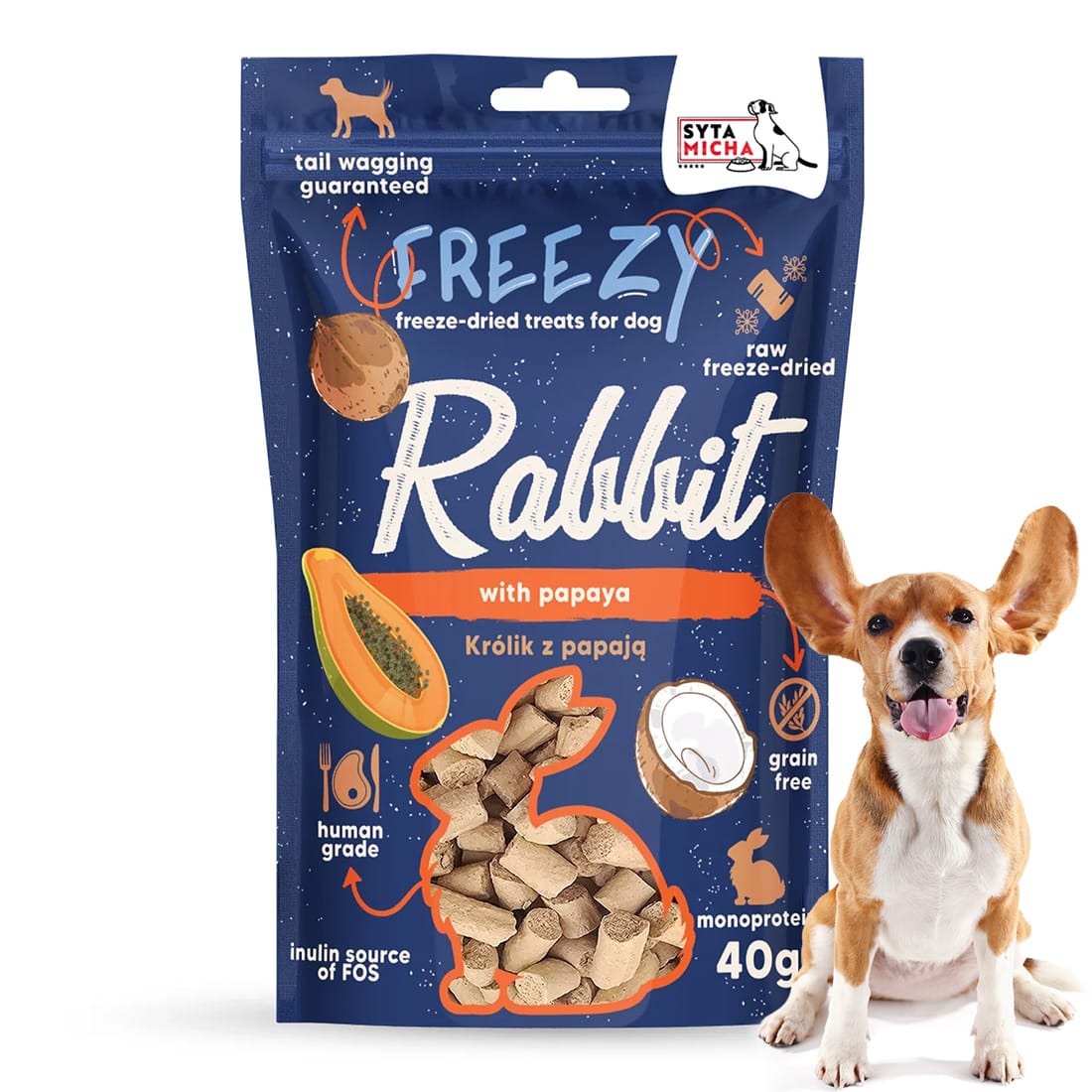 Liofilizowane Przysmaki dla psa Królik z papają FREEZY Syta Micha 40g