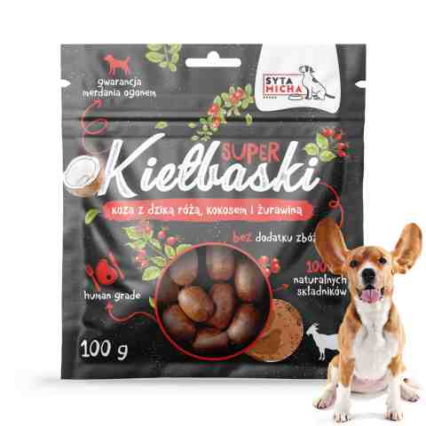 Przysmaki dla Psa Smaczki Super Kiełbaski Koza i dzika róża Syta Micha 100g