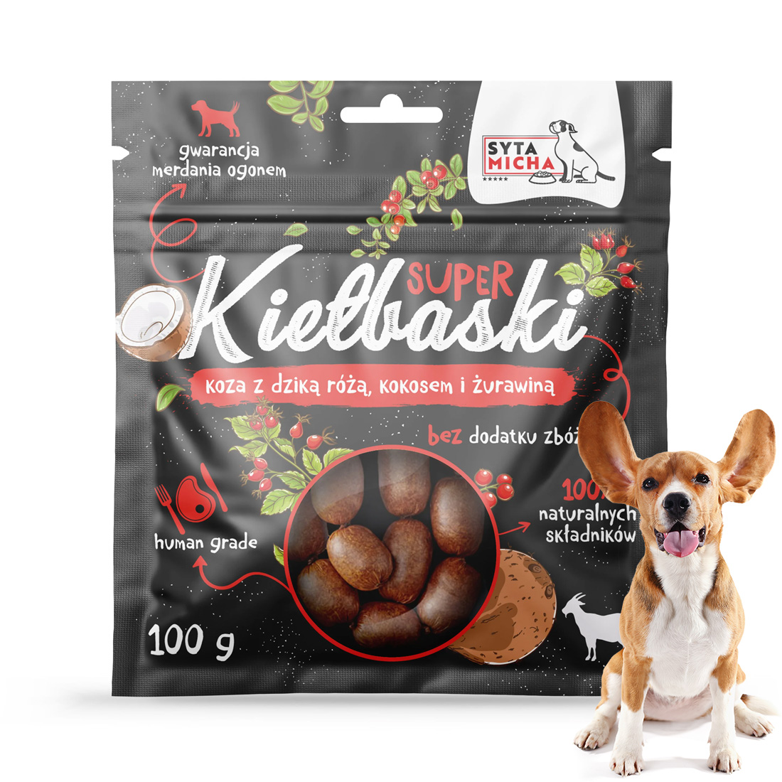 Przysmaki dla Psa Smaczki Super Kiełbaski Koza i dzika róża Syta Micha 100g