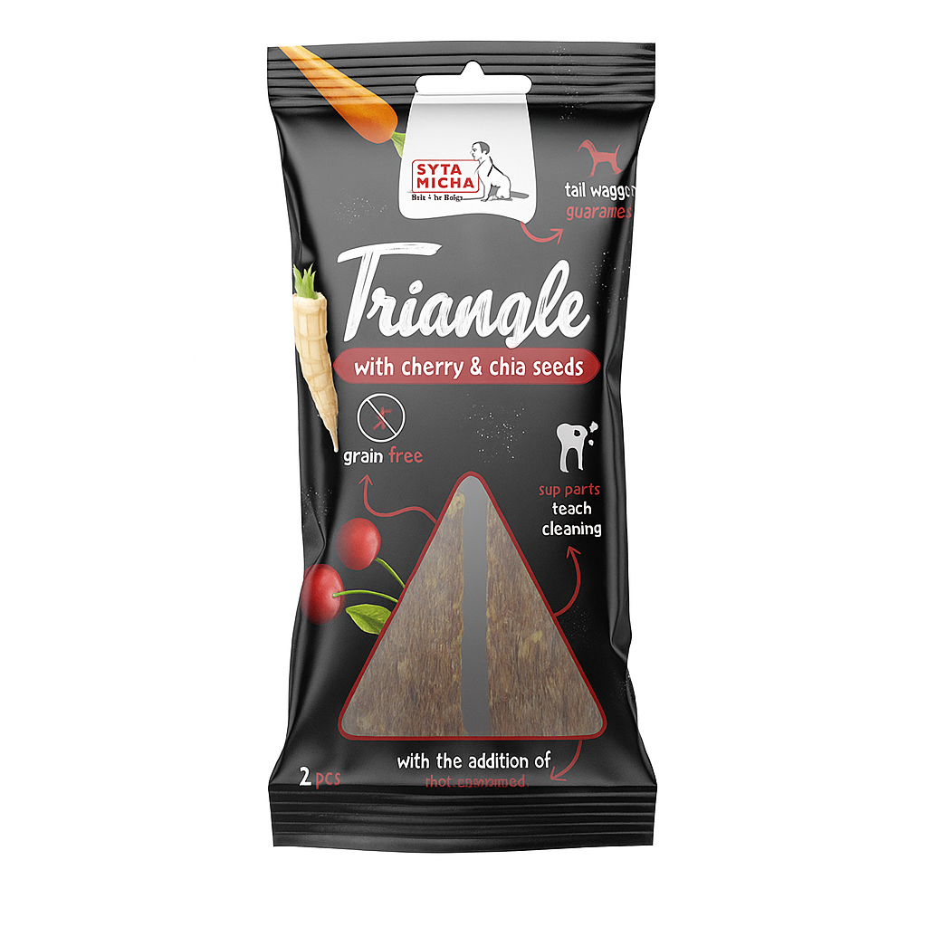 Syta Micha Przysmak dla psa Gryzak Trójkąt Struś z wiśnią i nasionami 2 szt